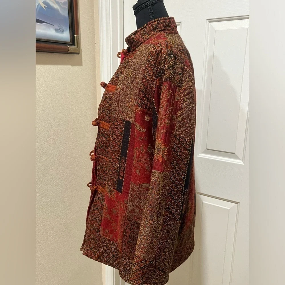 CHICO’S BOHO TAPESTRY PATCHWORK WOOL COAT, 3/4 LENGTH SIZE 1=( M—8)